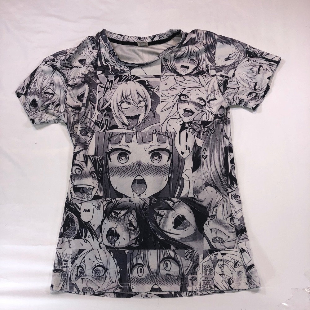 Ahegao Anime Manga Collage T-Shirt Black White All Over Print Small